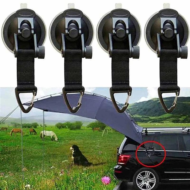 Heavy Duty Car Camping Tie Down Suction Cups, 4 Pieces Strong Power Camping Tarps Accessory With Securing Hooks