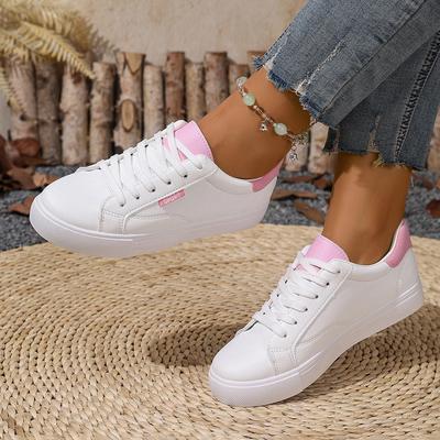 Zapatos Blancos Mujer Primavera Otoño Suela Plana Zapatillas de Cuero Casual con Cordones Estilo Estudiantes Universidad Zapatos de Tabla Femenino