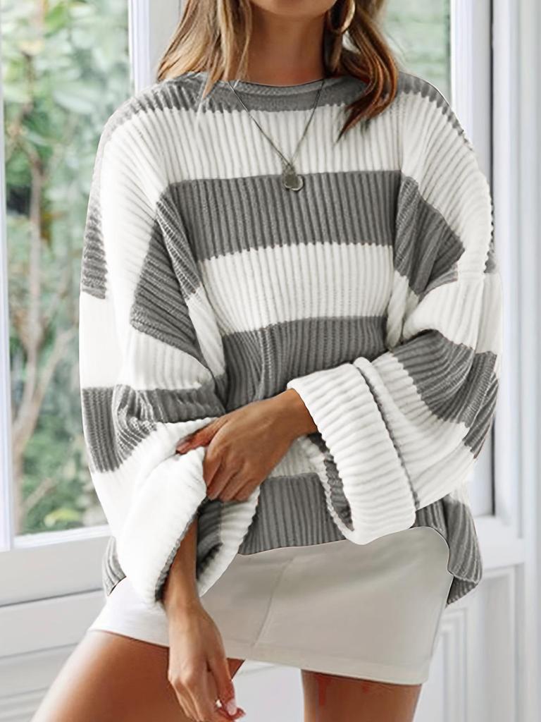 Retro Color Block Striped Sweater - Autumn/Winter Loose Round Neck Knit Pullover
