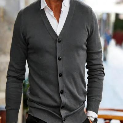Cardigan Tricot Homme Col en V - Couleur Unie Décontracté, Pull Manches Longues pour Printemps & Automne
