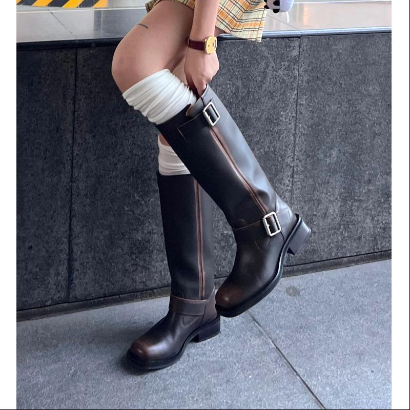 Autumn and Winter New Old Boots Thick Heel Belt Buckle High Tube Casual Thin But Knee Knight Boots Women