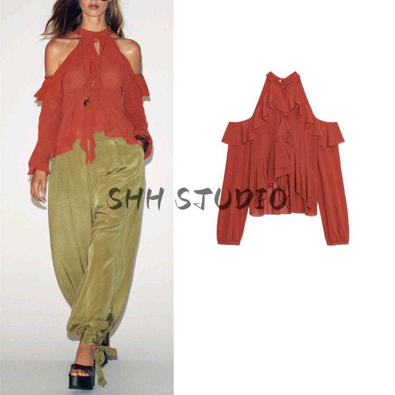 Autumn New Women's Clothing Bows Lace-up off-Shoulder Long Sleeves Laminated Decoration Hanging Collar Tops 5039210