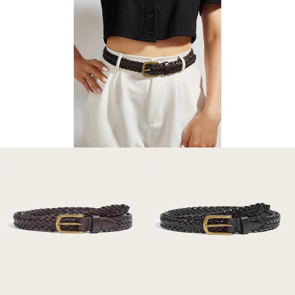 No Ip Womens Wide Woven Pu Leather Belt With Metal Pin Buckle For Casual Fashion Summer Wear