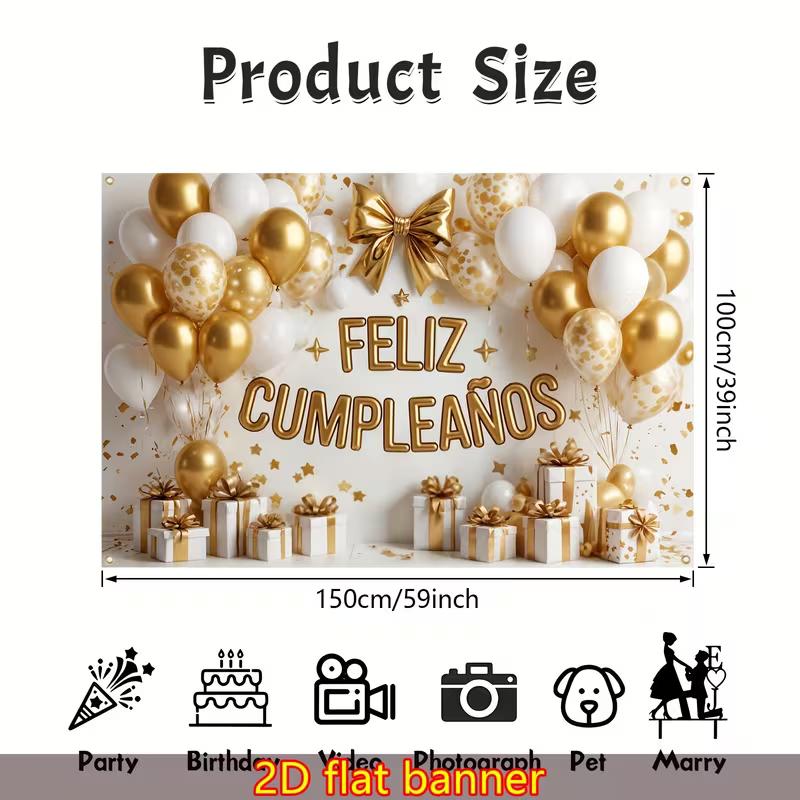 2D Feliz Cumpleaños Backdrop, Gold White Balloon & Gift Box Spanish Birthday Background Cloth
