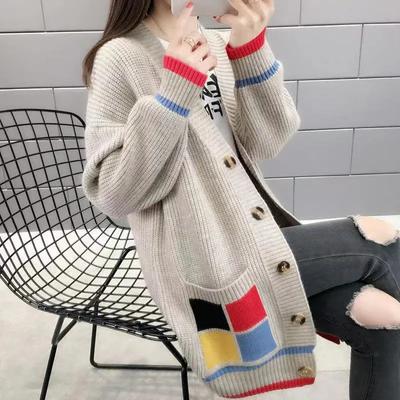 Pull Tricot Manches Longues Automne et Hiver pour Femme Vent Paresseux Mi-Long Colorblock Manteau Pull