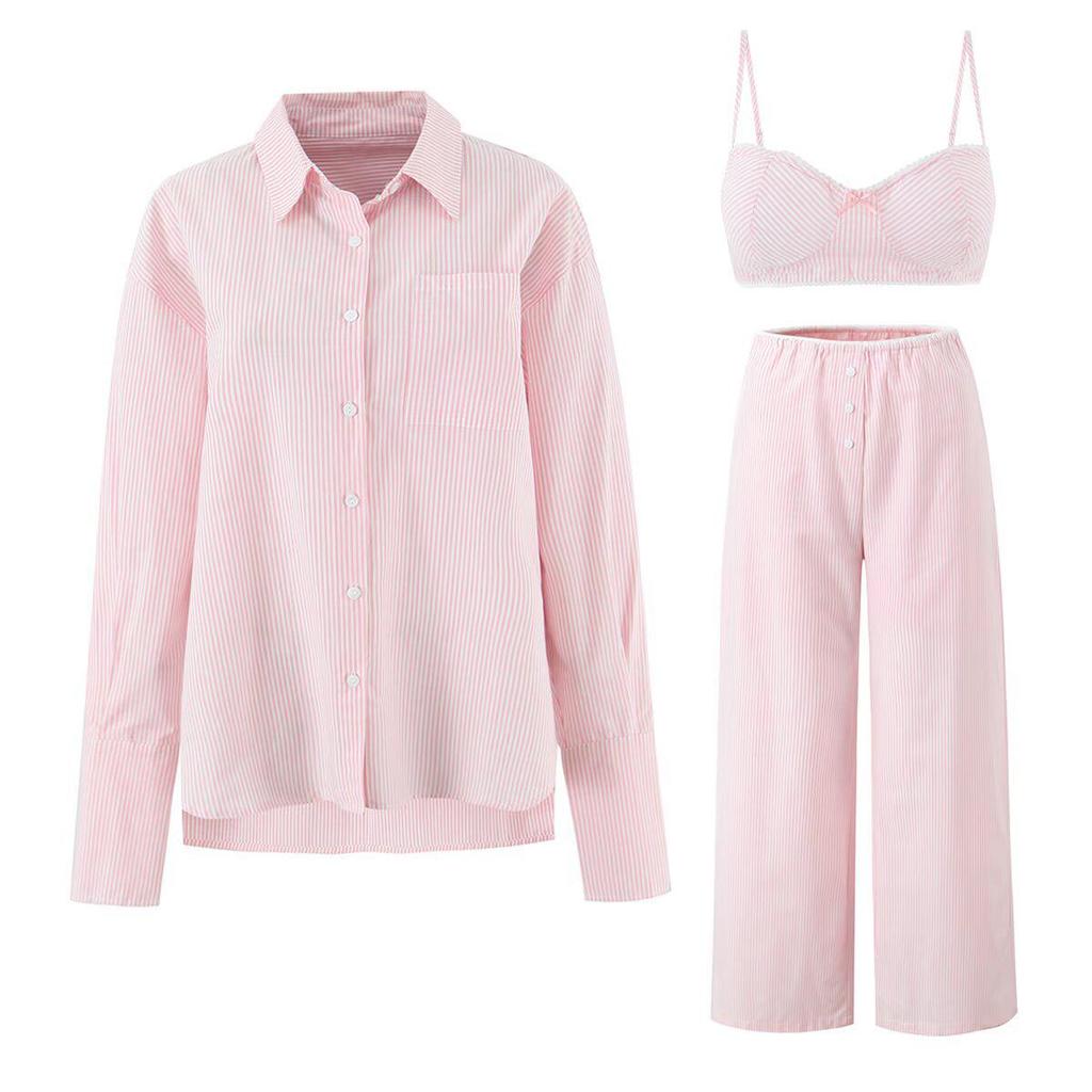 2026 Spring Striped Long Sleeve Shirt with Casual Pants & Camisole Set