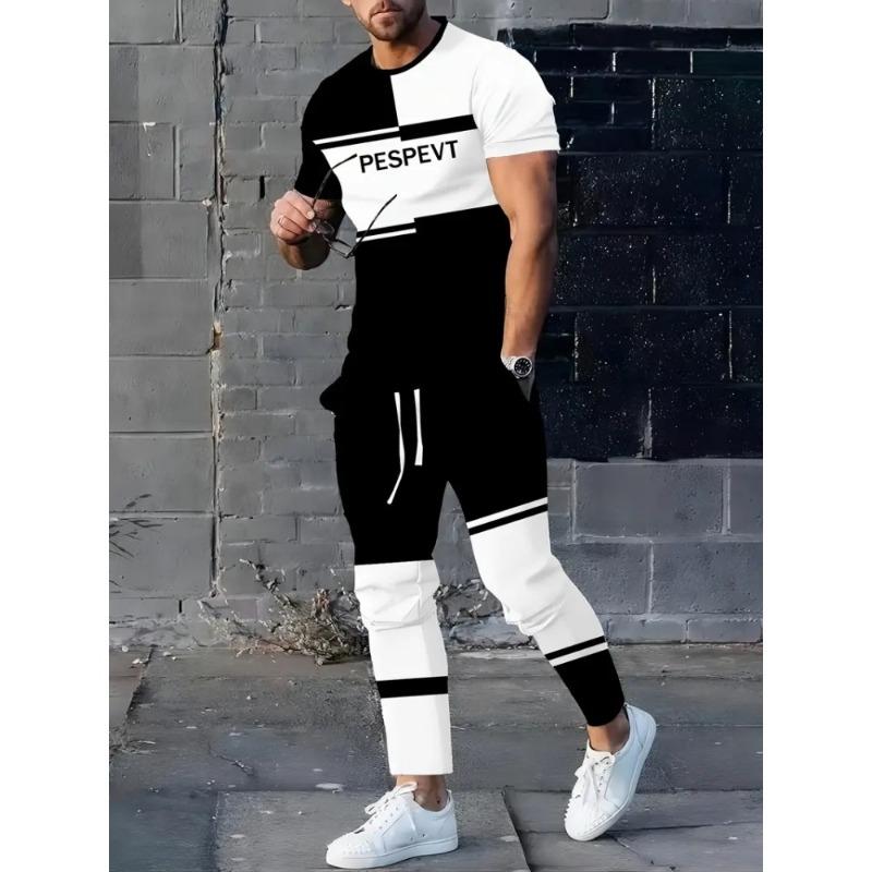 Letter Print Men's Autumn Warm Suit, Black And Brown Short-sleeved Top + Long Pants, Fashionable And Casual Two-piece Set