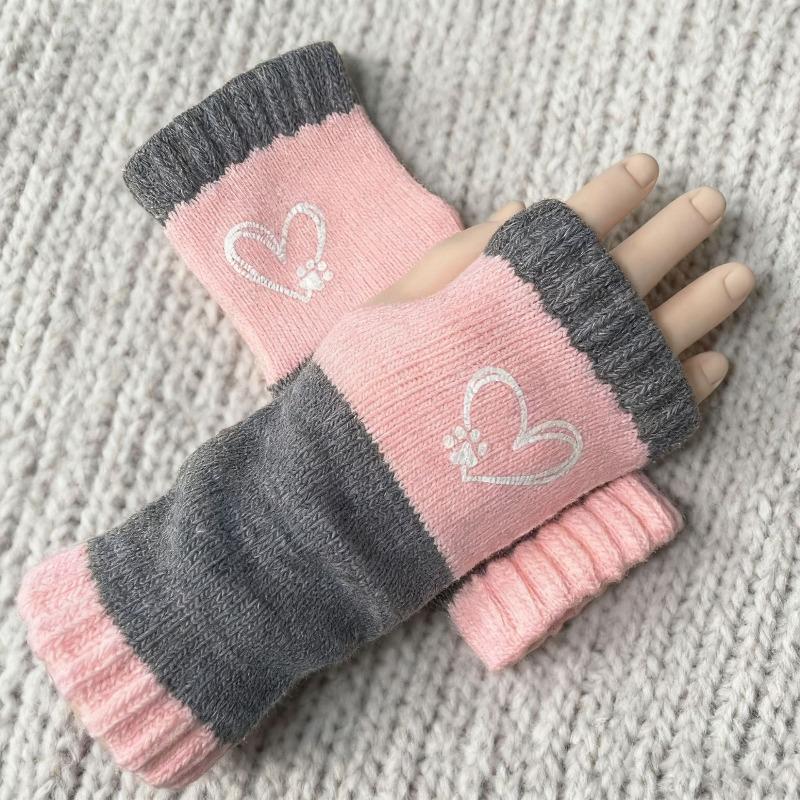 Gants en tricot sans doigts avec broderie de chat et patchwork, Gants décontractés ouverts aux doigts tendance pour femme, Mitaines chaudes d'hiver sans doigts