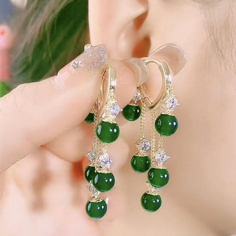 European and American popular niche design emerald opal ear buckle temperament earrings fringed long earrings