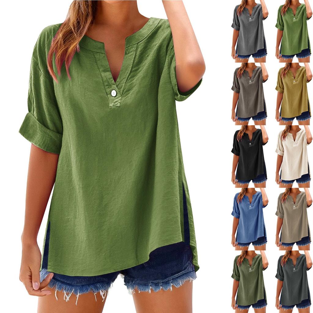 Women's Summer Tops Fashion Button Large Size Cotton and Linen Shirts