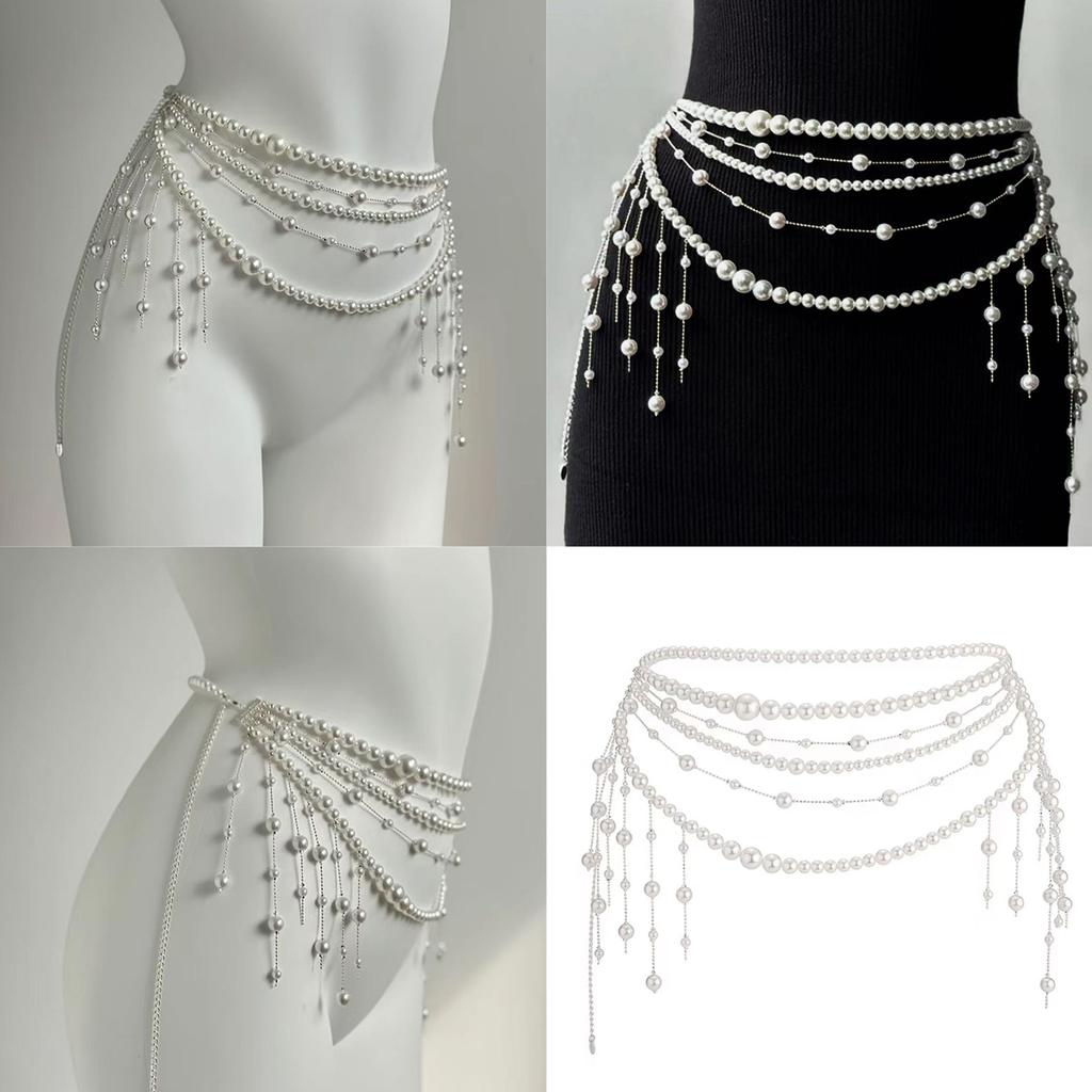 Adjustable Multilayer Faux Pearls Waist Belt Belly Chain for Women Retro Fashion Body Jewelry Stylish 90s Design