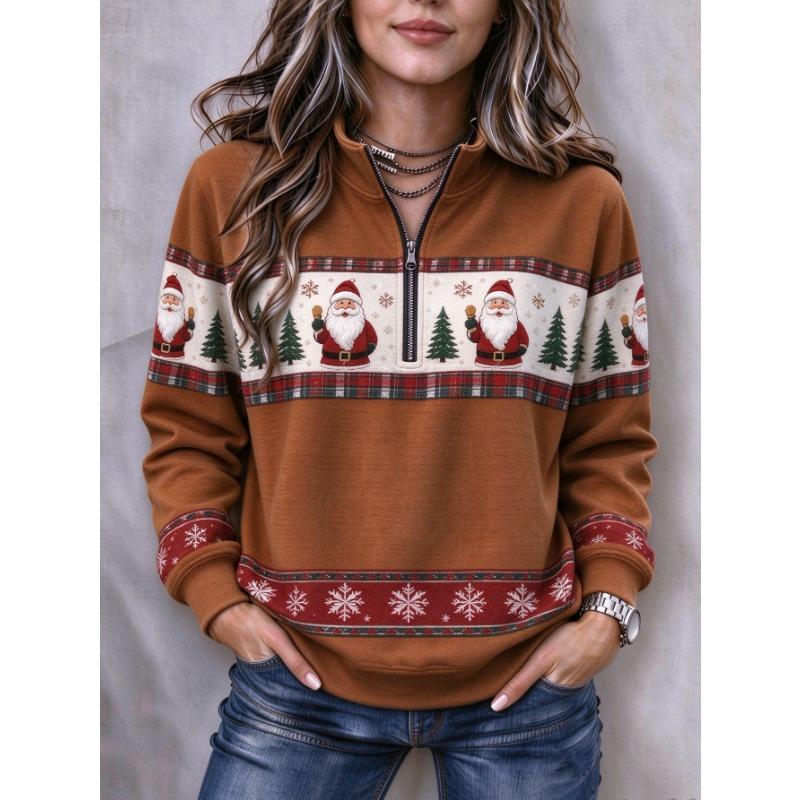 Women's Oversized Half-Zip Hoodie with Christmas Print and Standing Collar