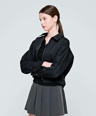 DEPASION Crop Long Sleeve Oversized Zipper Collar Shirt Jacket (Black)