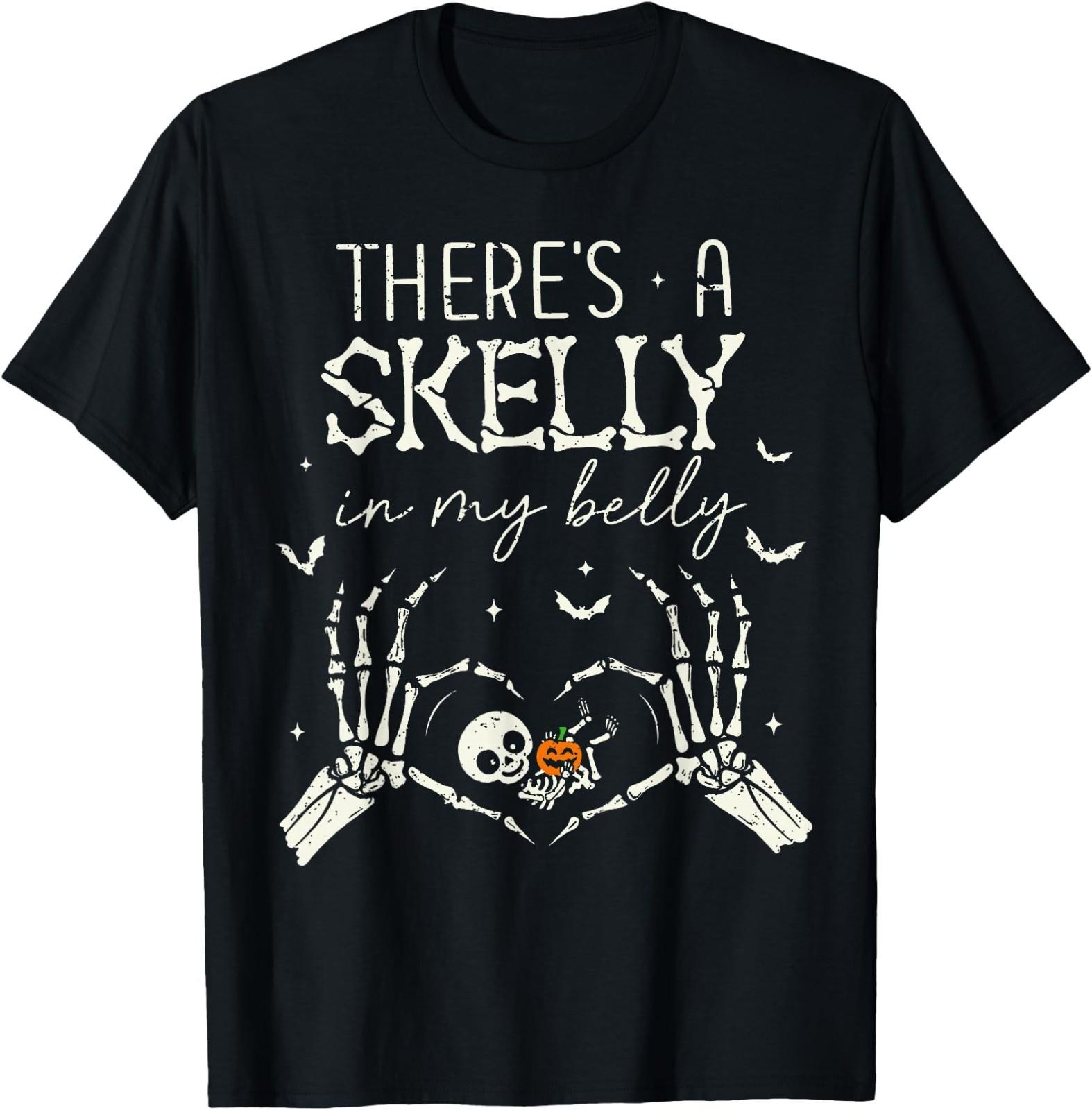 Theres A Skelly in My Belly Funny Halloween Pregnancy Women TShirt Vintage Cartoon Comfortable Cotton Graphic T Shirts S