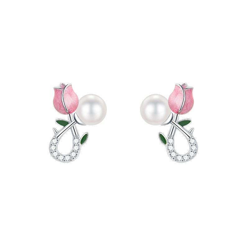 New Fashion Creative Tulip 925 Sterling Silver Temperament Pearl Cute And Compact Personality Exquisite Stud Earrings TYB307