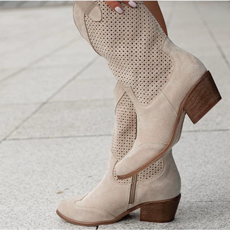 Fashion New Style Popular White Western Fashion Cowboy Boots Low Heels Women's Mid-Calf Luxury Cowgirl Boots Casual Shoes Zapatos Mujer
