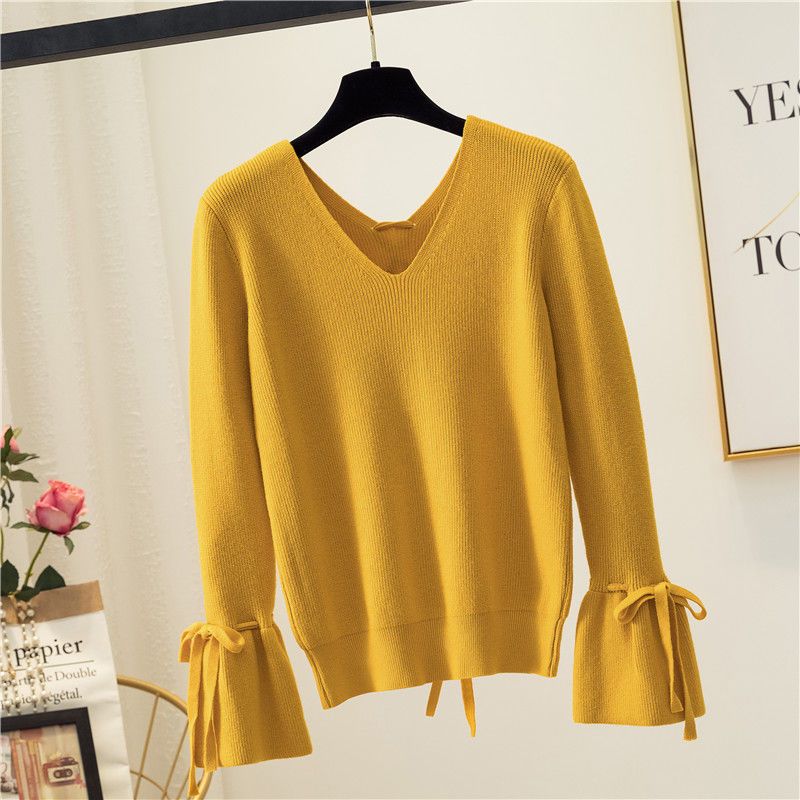 

Весенне-осенний женский пуловер с длинными рукавами, свитер с v-образным вырезом и коротким подшерстком с рукавами-фонариками, однотонный трикотаж, повседневный универсальный свитер One Size жёлтый