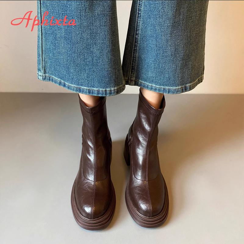 Aphixta Retro Chelsea Shoes Classic Woman Ankle Boots Square Heel Platform Boot Patent Leather Winter Black Ankle Boots