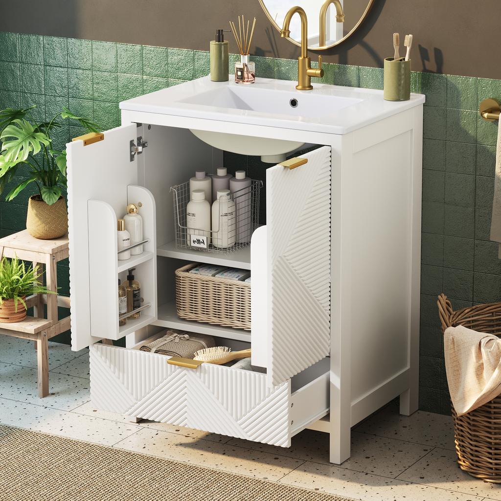 61 Cm Standing Bathroom Cabinet with Ceramic Basin, Wave Pattern, Soft-Close Hinges, Door Shelf Inserts, Shelves & Drawers, Without Faucet, White