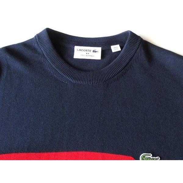 Used Good Condition Made In France LACOSTE AH6788 Crocodile Logo Patch Organic Cotton Border Sweater Knit FR:3 US:S Navy Navy Blue Red