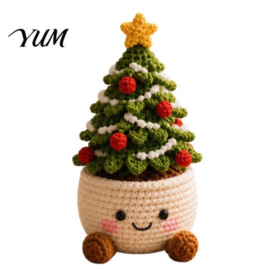 Decorative Yarn Craft for Home Simulated Crochet Christmas Potted Decor, Knitted Mini Artificial Tree Flower Wool Knitting Plants Ornament,