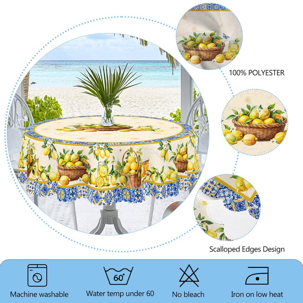 1 Piece Of Spring And Summer Flower-Themed Round And Rectangular Tablecloths, Available In Various Sizes, Retro Lemon Flower Pattern Printing Design,