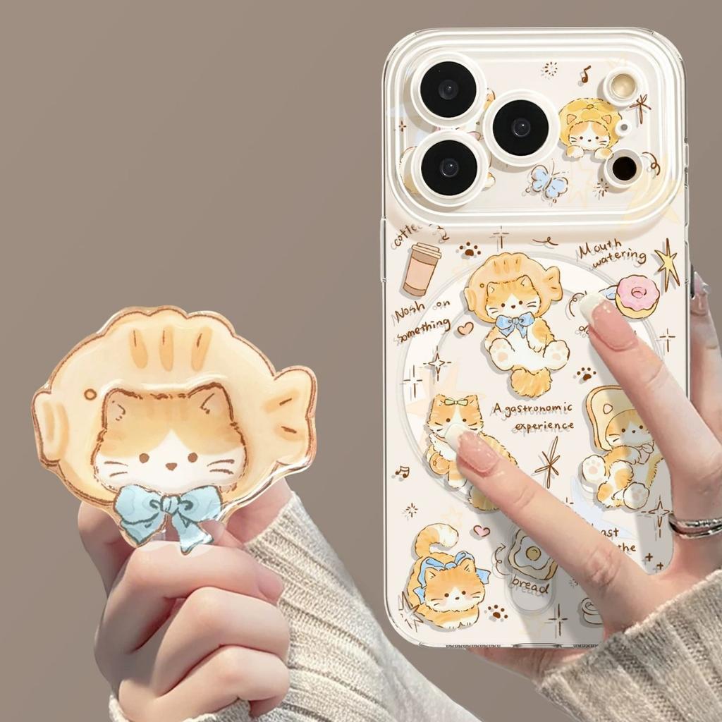 Bread kitten mobile phone case with bracket, suitable for iphone17pro magnetic attraction 16pm Apple 15 cute 14/13 set