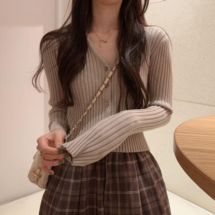 Autumn/Spring Korean Style Slimming V-Neck Ribbed Knit Cardigan Long Sleeve Top for Women Students