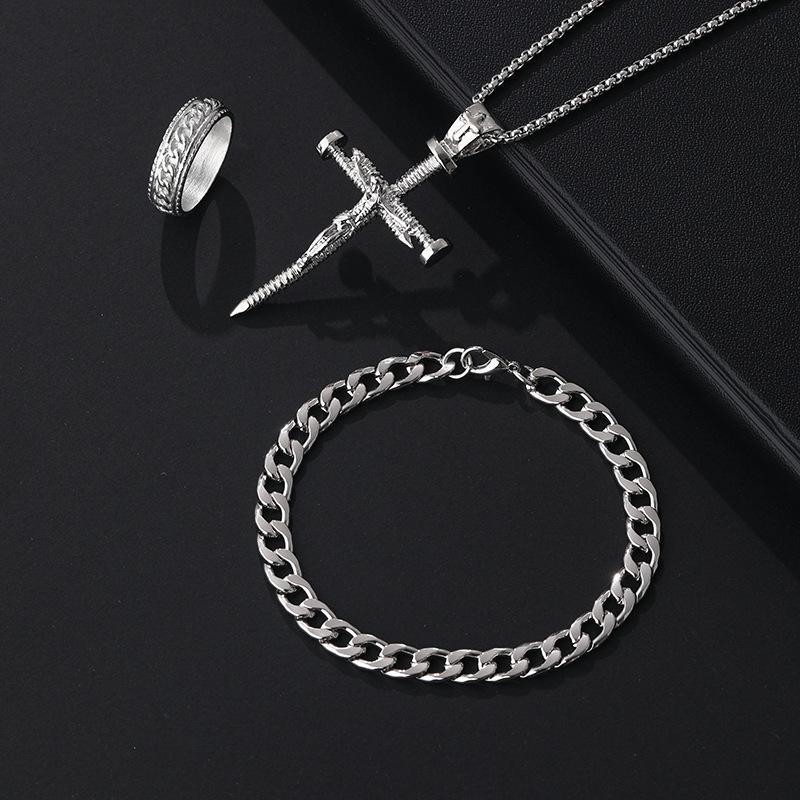 3Pcs Set Men'S Stainless Steel Metal Cross Pendant Chain Necklace Bracelet Ring Jewelry Set Male Hip Hop Daily Wear Accessories