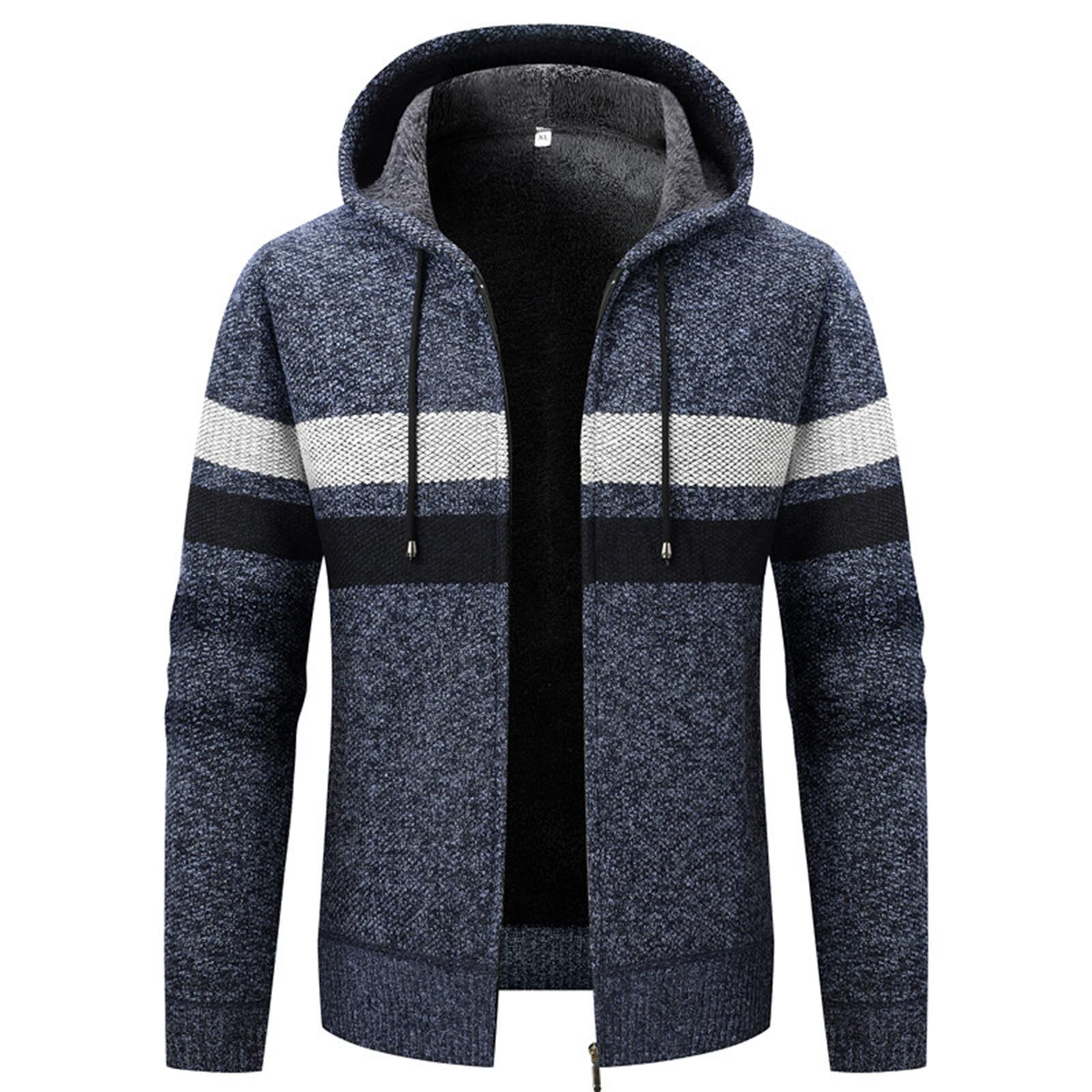 

Мужской кардиган с капюшоном, полосатый, плюшевый, утолщенный, с длинным рукавом, теплый вязаный свитер XXXL синий