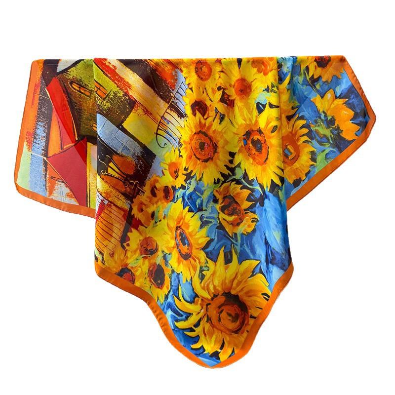 Simulation Silk High-End Sunflower Oil Painting Printing Square Scarf Silk Scarf Shawl Headscarf Neck Protection Scarf