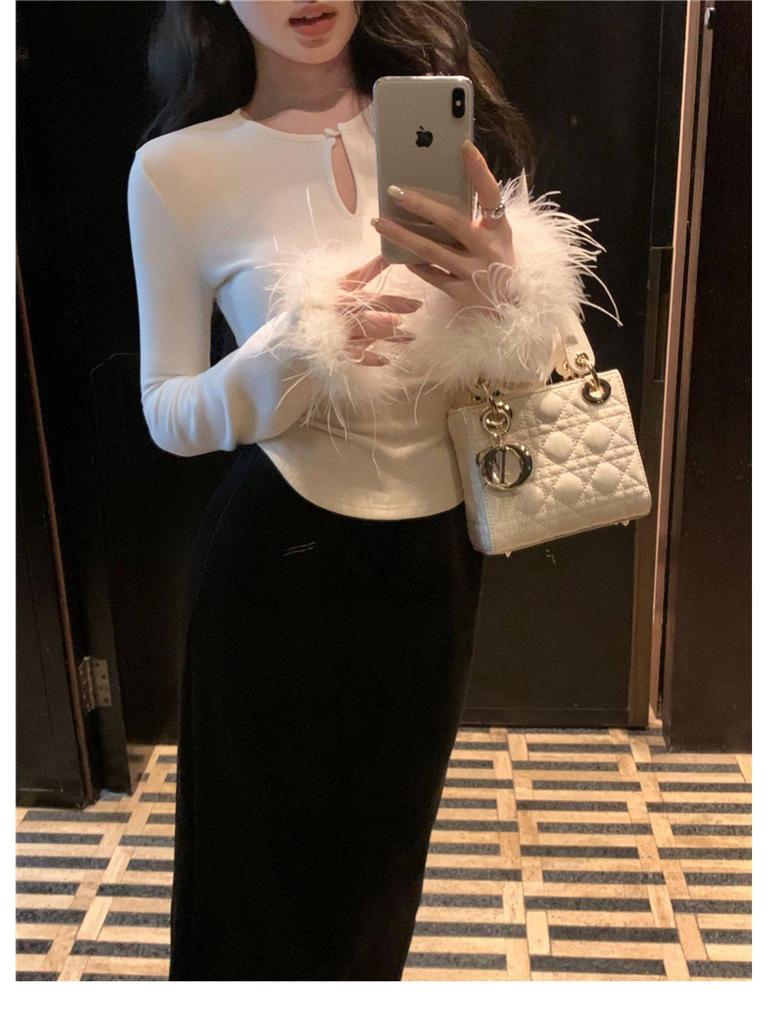 Women's Korean Style White Fluffy Long Sleeve Base Layer Top for Autumn/Winter - Slim Fit, Stylish, and Suitable as Outerwear