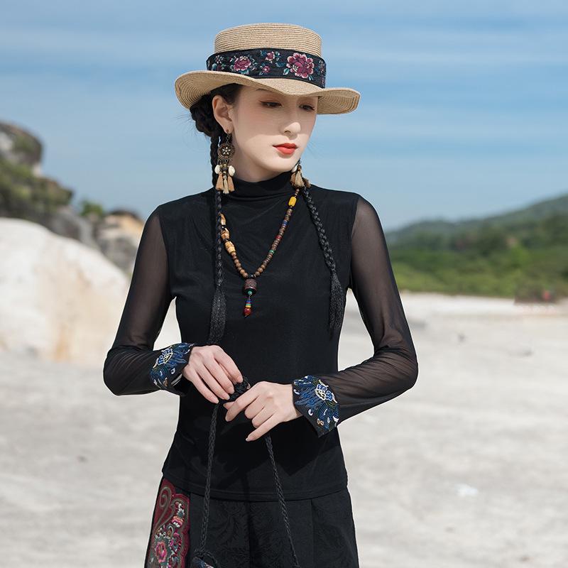 

Women s Ethnic Style Chinese Embroidered Slimming Elastic Long Sleeve T-Shirt L чёрный