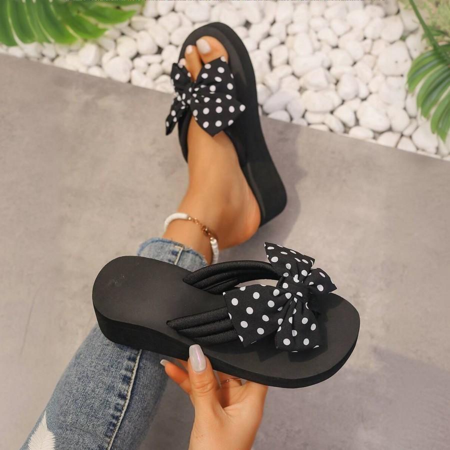 Fashion Summer Ladies Handmade Check Print Bows Flip-flops Soft-soled Non-slip Women's Cloud Slippers Travel Vacation Beach Women Shoes