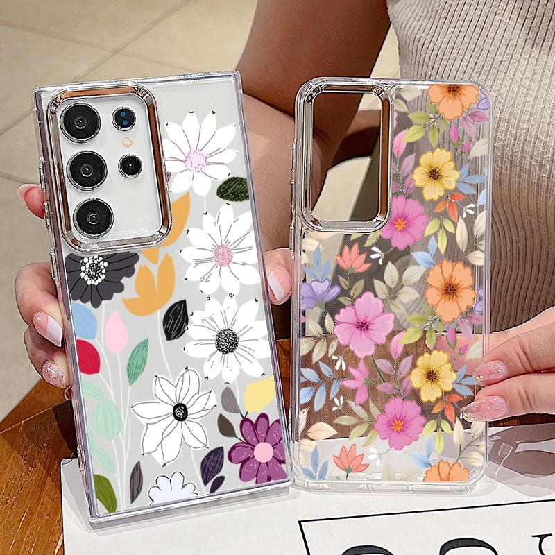 White Flower Pattern Case For Samsung S26 S25 Ultra S24 FE S23 Plus S22 S21 A15 A16 A17 A35 A36 A37 A54 A55 A56 A57 5G Plating Lens Soft Cover