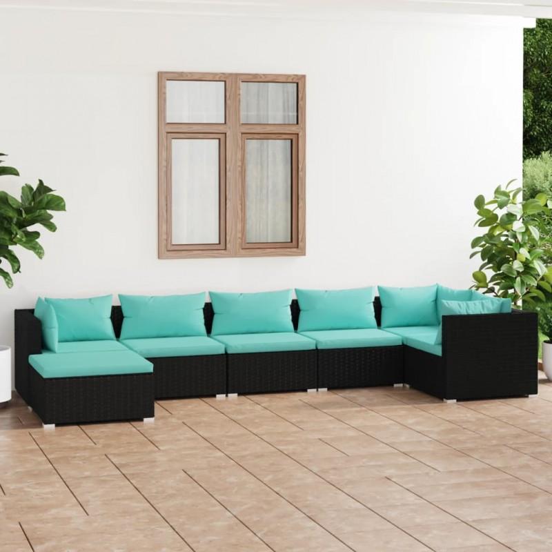 Día y Noche - Día y Noche Set de muebles de jardín 7 pzas y cojines ratán sintético negro