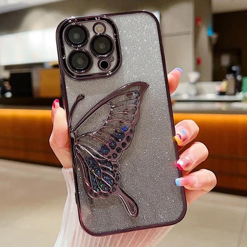3D Butterfly Glitter Phone Case For iPhone 16 15 14 Plus 13 12 11 Pro Max Electroplated Silicone Soft TPU Shockproof Back Cover