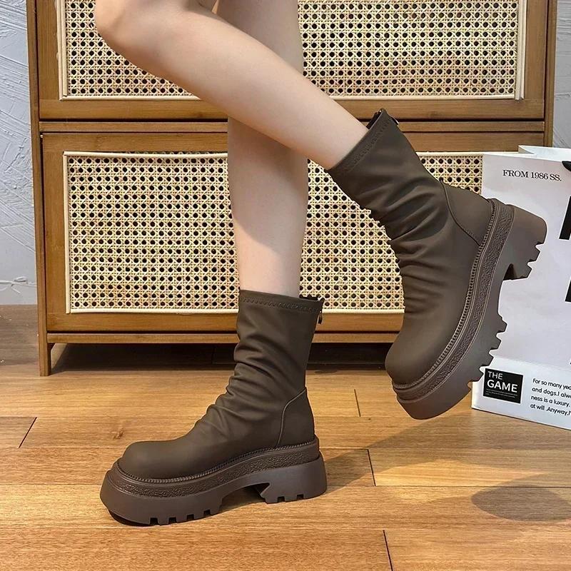 Fashion Platform Heel Women Short Booties Fashion Back Zippers Ankle Booties Retro Style Autumn Winter Female Shoes