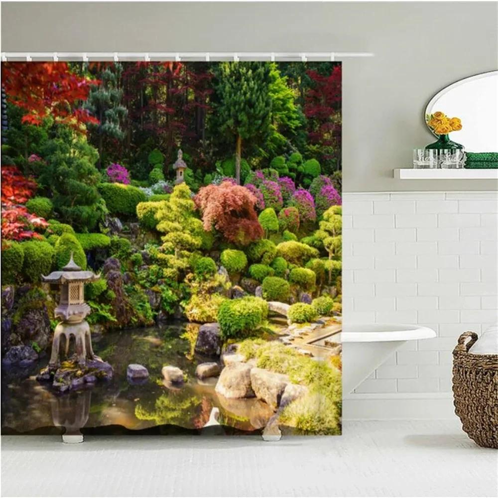 Home Wall Decor European Building Garden Patio Landscape Shower Curtains Bathroom Curtain Waterproof Bath Curtains for Bathroom