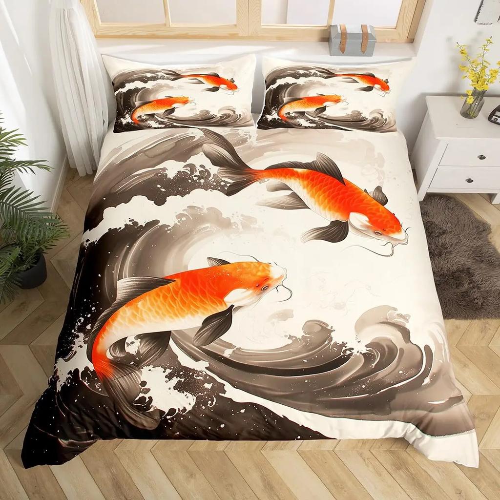 Goldfish Bedding Set Fantasy Yin Yang Fish Duvet Covet Cherry Blossom Flowers Theme Blue Sea Wave Breathable Bedding Set