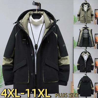Męska Wodoodporna Kurtka Turystyczna Średniej Długości Plus Size z Kapturem Oversize, Casualowa Kurtka z Wypełnieniem 4XL-11XL