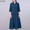 Women Casual Turn Down Collar Loose 3/4 Sleeve Shirt Dress