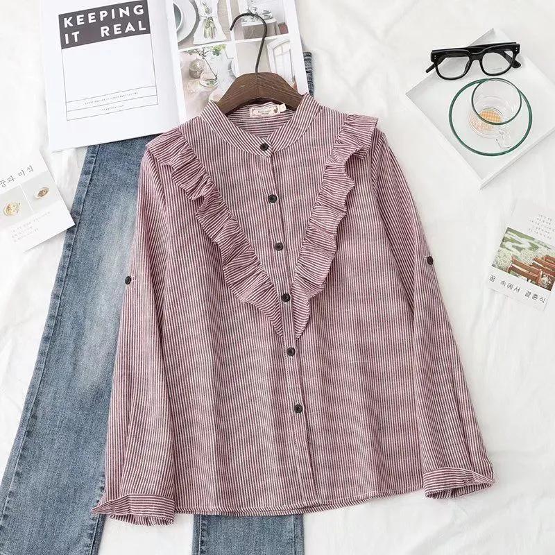 Spring Autumn Women Vintage Stand Collar Cotton Shirt Ruffles Full Sleeve Loose Blouse Casual Office Wear