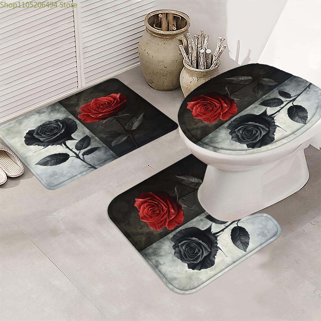 1/3/4 Stück Schwarze und Rote Rosen Duschvorhang, Badezimmerdekoration, Duschvorhang-Set Enthält Badezimmerteppich, U-förmigen Teppich, Toilettendeckel