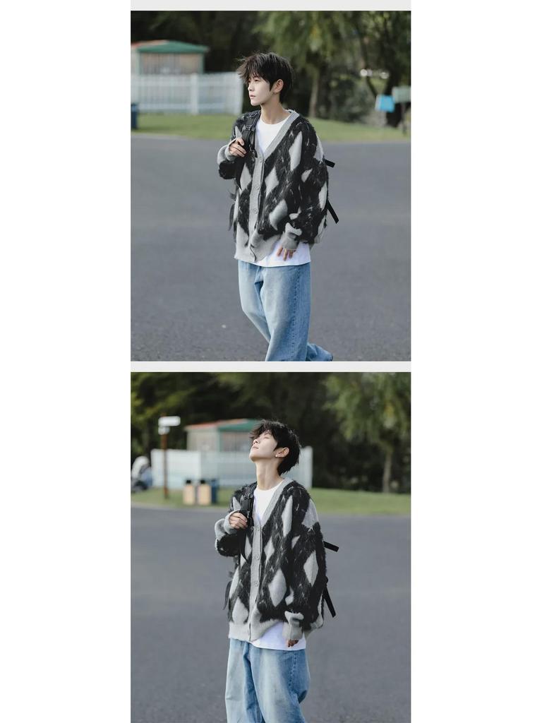 Herren Retro College-Stil Rautenmuster Strickjacke - Herbst/Winter Freizeitstrickpullover für Paare.