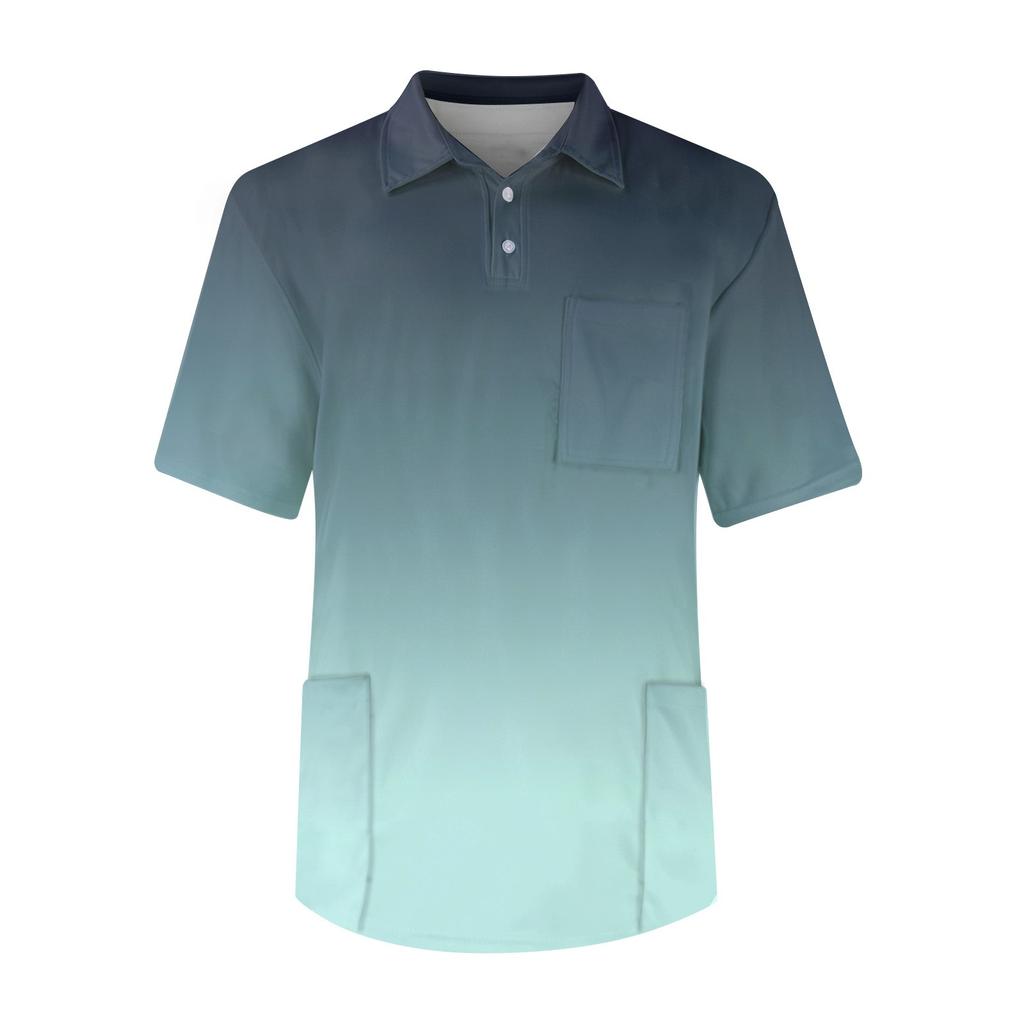 Men's Short Sleeve Button Lapel Gradient Printing Chest Pocket Dry-nurse Top