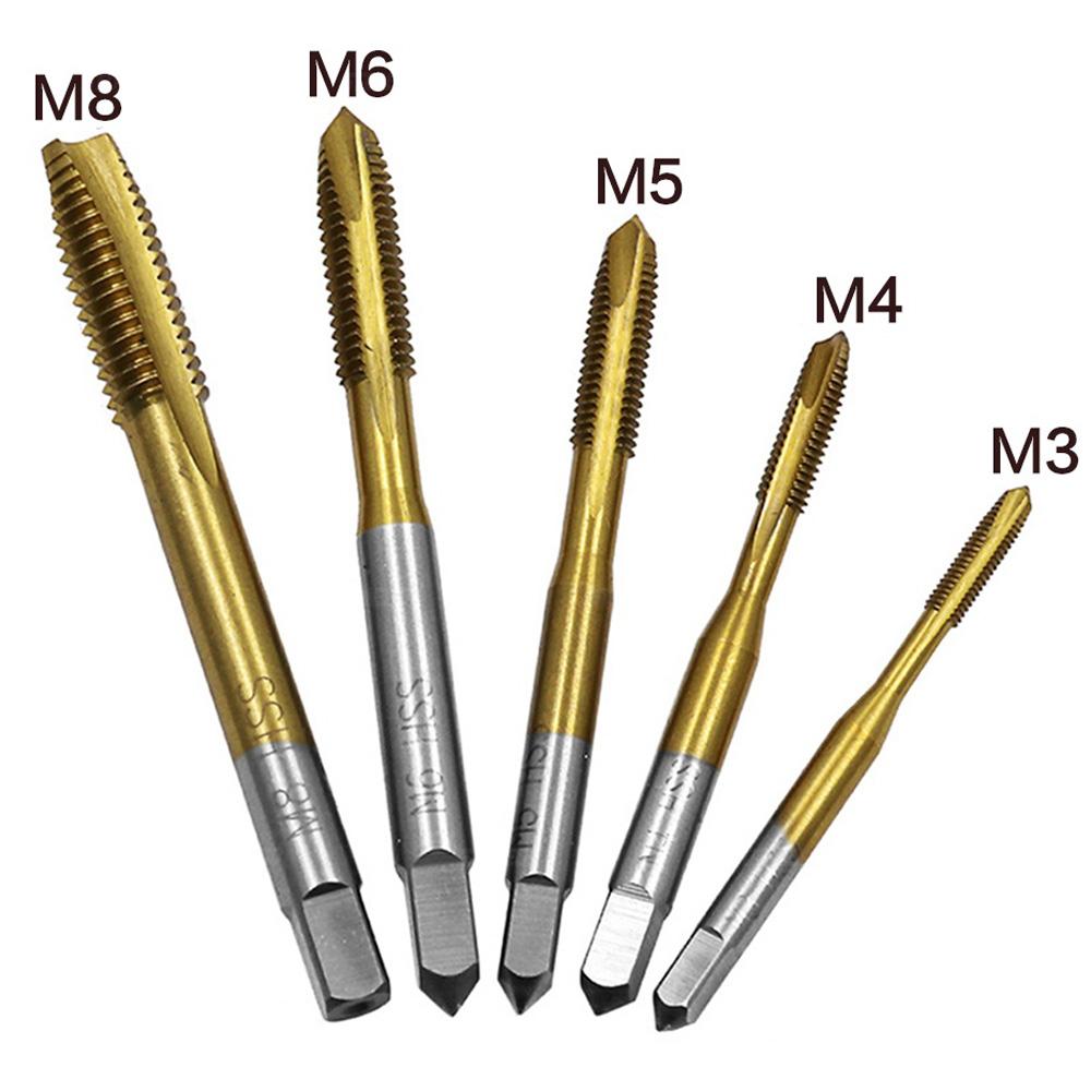 STONEGO 1/5/10PCS Titanium Coated Thread Tap Drill Metric HSS6542 Spiral Fluted Screw Tap M3/M4/M5/M6/M8