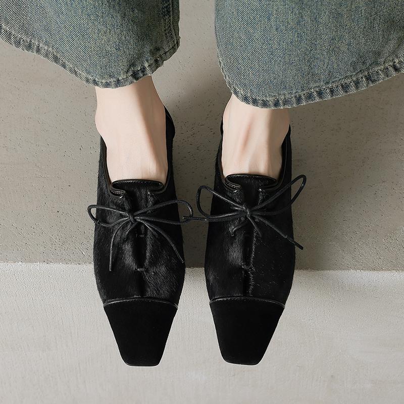 Fashion 2025 New Spring Women Loafers Square Toe Chunky Heel Shoes Genuine Leather Shoes for Women Slip-on Women Pumps Horsehair Shoes