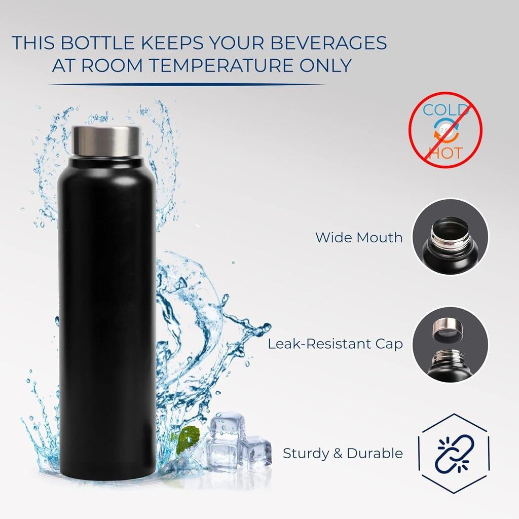 Stainless Steel Water Bottle 1 Ltr For Kids, Boys, Girls, 1 Litre Bottles for Gym, Sports, Fridge Use, School & Office (Steel Cap - Set of 1, Black)