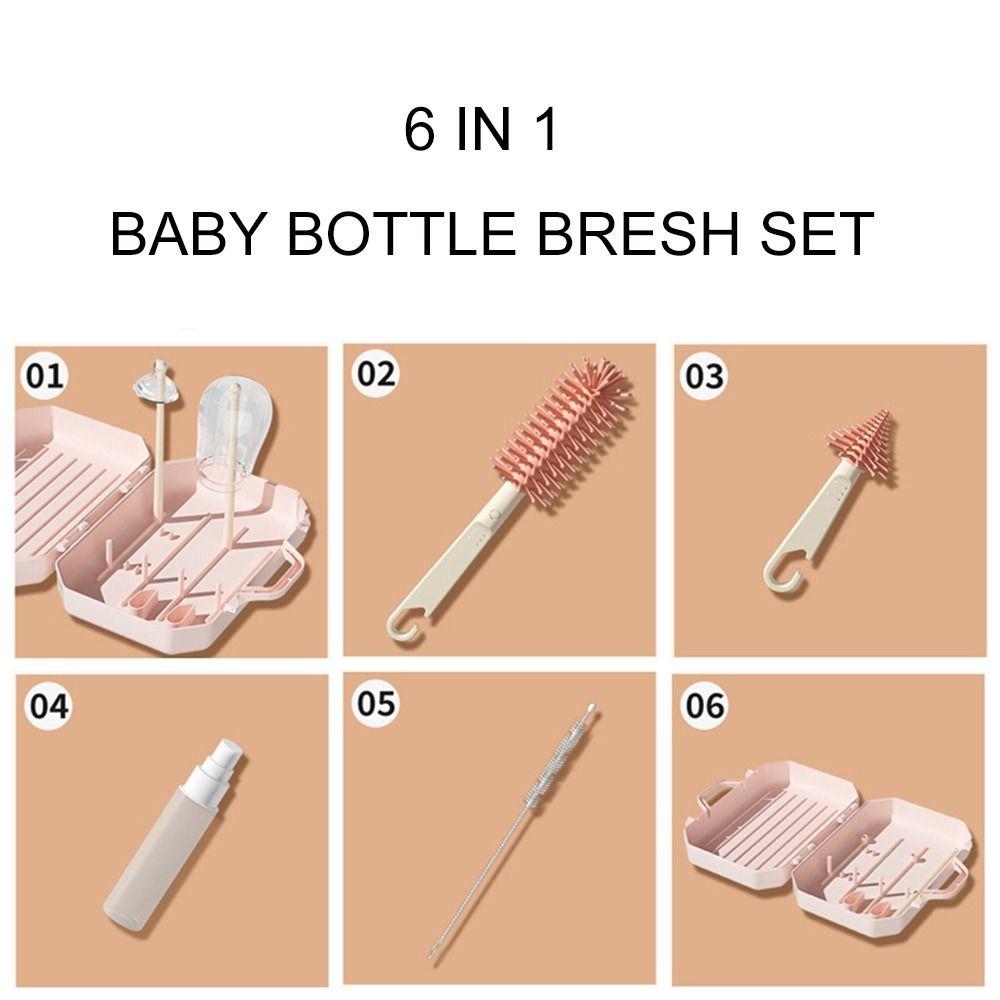 Silicone Bottle Brush Set Baby Easy To Clean Bottle Scrubber 6 in 1 Pacifier Straw Washing Bottle Drying Rack Cleaning Tool Set